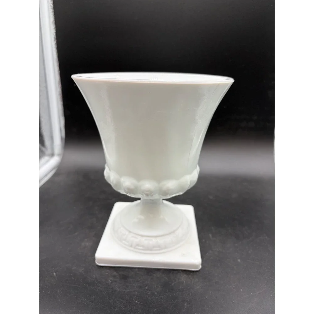 Vintage White Milk Glass Pedestal Vase Greek Key Square Base Beaded Urn‎ 6 inch
